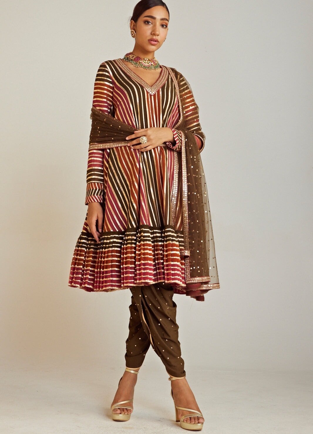 Olive Green and A Line Kurta Dhoti Set With Olive Green Dupatta Vvani By Vani Vats - Fabilicious Fashion