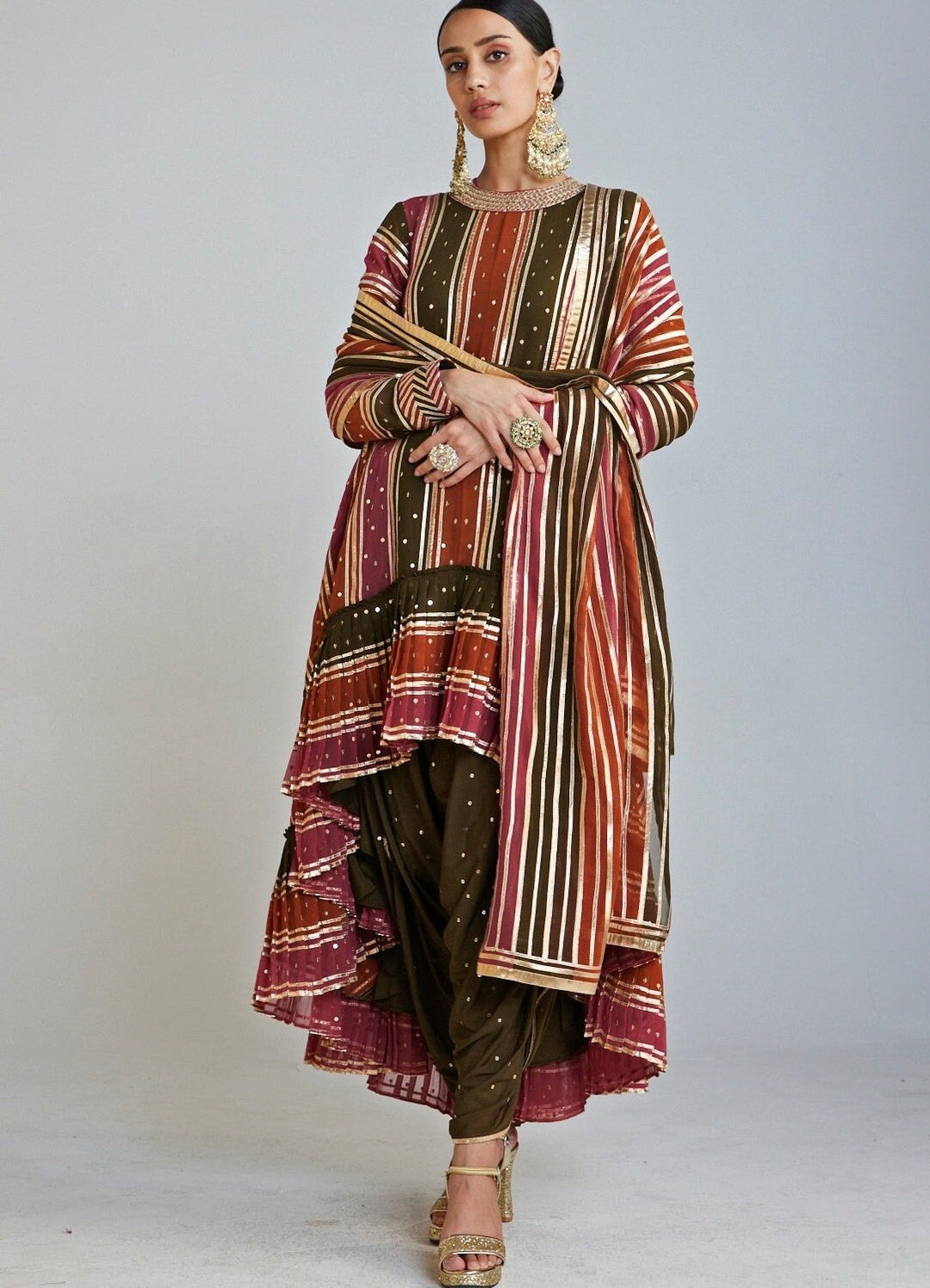 Olive Green Asymmetrical Kurta Dhoti Set With Multi colour Georgette Dupatta Vvani By Vani Vats - Fabilicious Fashion