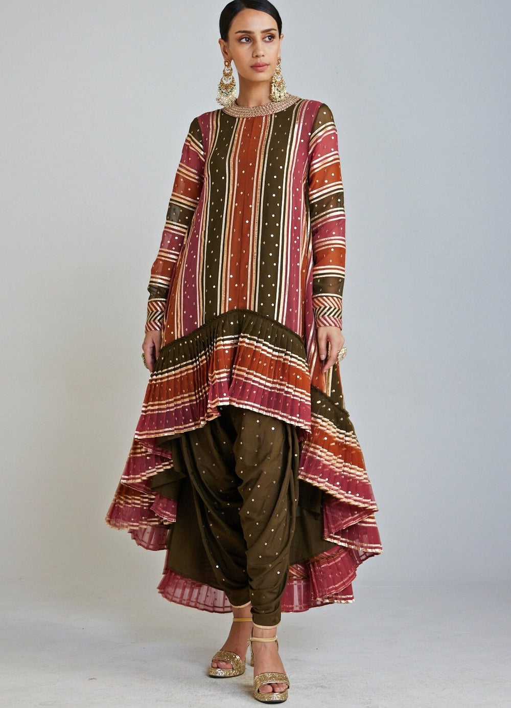 Olive Green Asymmetrical Kurta Dhoti Set With Multi colour Georgette Dupatta Vvani By Vani Vats - Fabilicious Fashion