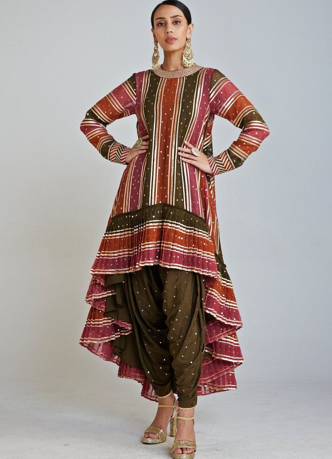 Olive Green Asymmetrical Kurta Dhoti Set With Multi colour Georgette Dupatta Vvani By Vani Vats - Fabilicious Fashion
