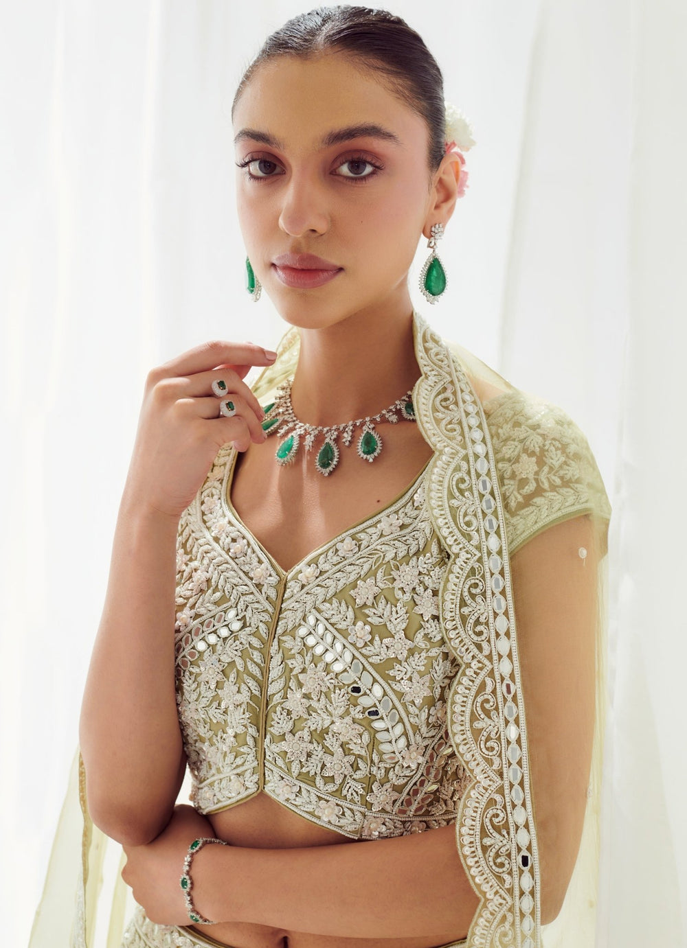 Olive Green Embellished Net Lehenga With Scalloped Border Dupatta Suhino - Fabilicious Fashion