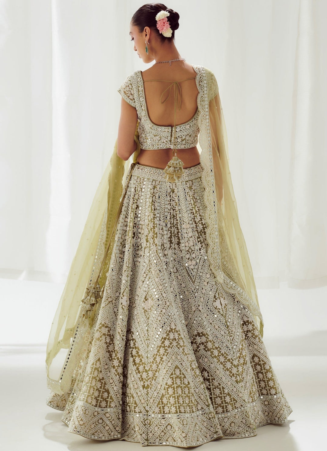 Olive Green Embellished Net Lehenga With Scalloped Border Dupatta Suhino - Fabilicious Fashion