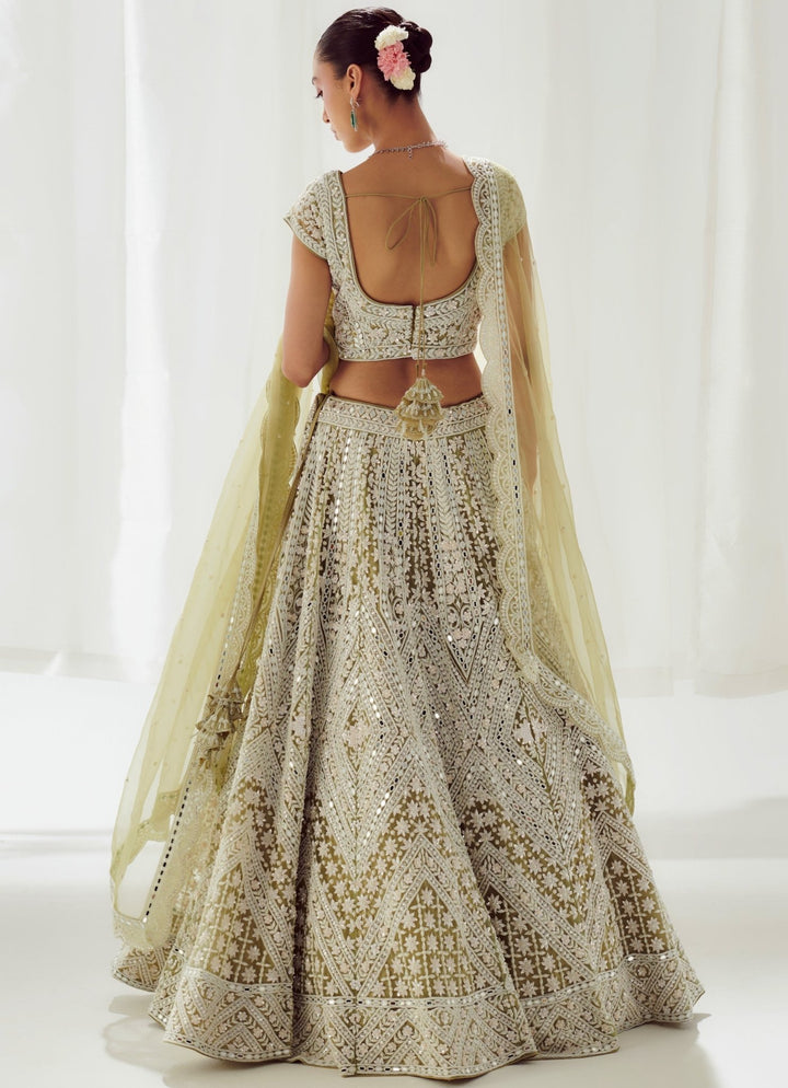 Olive Green Embellished Net Lehenga With Scalloped Border Dupatta Suhino - Fabilicious Fashion