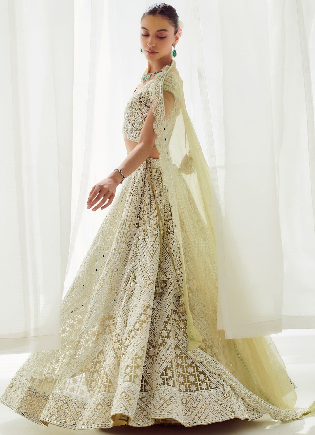 Olive Green Embellished Net Lehenga With Scalloped Border Dupatta Suhino - Fabilicious Fashion
