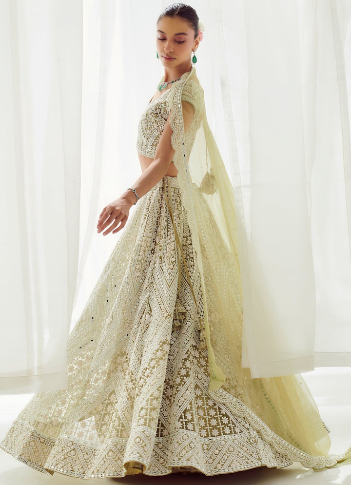 Olive Green Embellished Net Lehenga With Scalloped Border Dupatta Suhino - Fabilicious Fashion