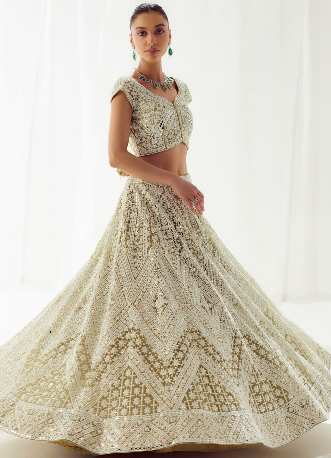 Olive Green Embellished Net Lehenga With Scalloped Border Dupatta Suhino - Fabilicious Fashion