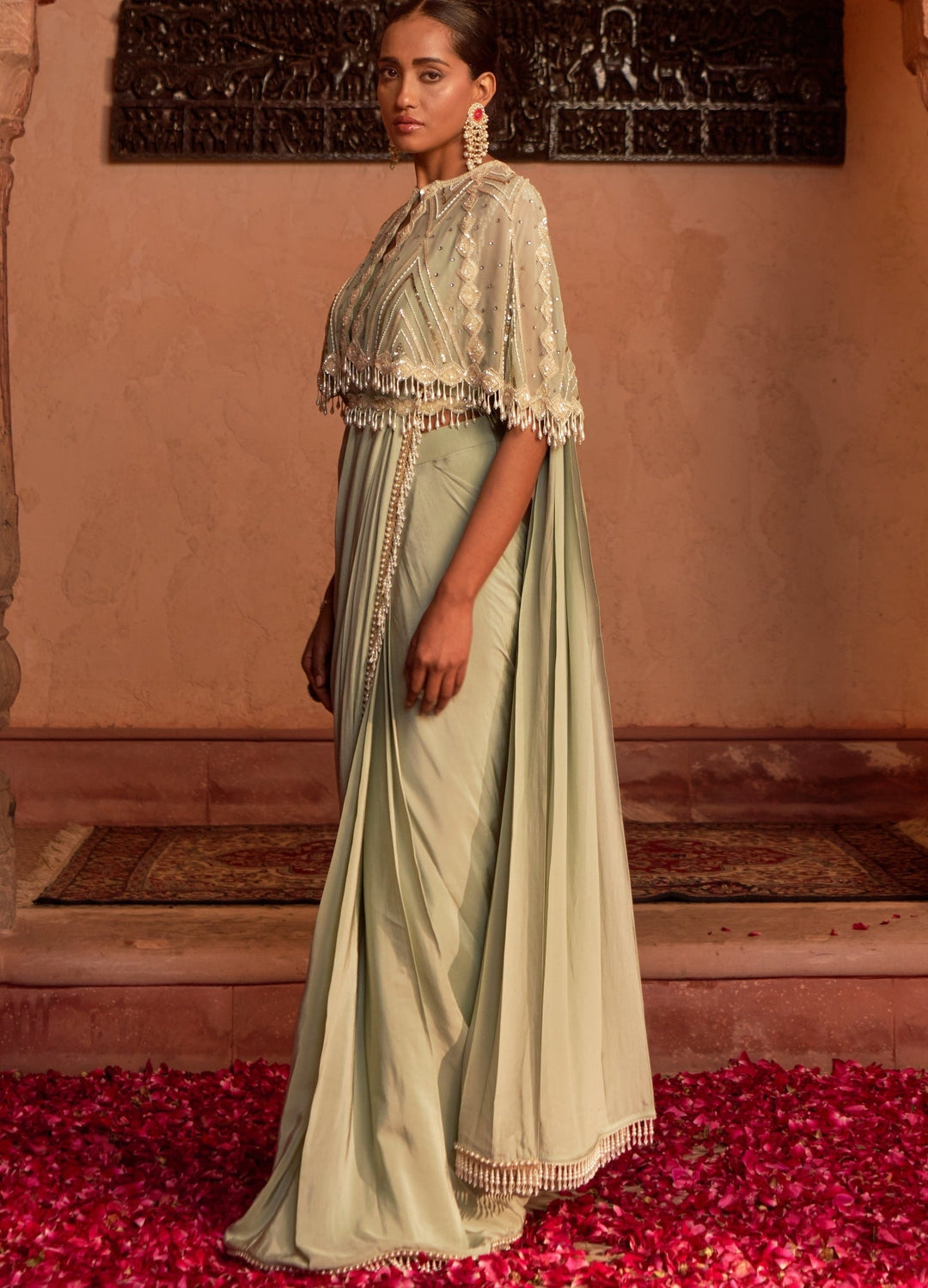 Olive Green Embellished Pre-Draped Silk Saree Set With Cape Nidhika Shekhar - Fabilicious Fashion