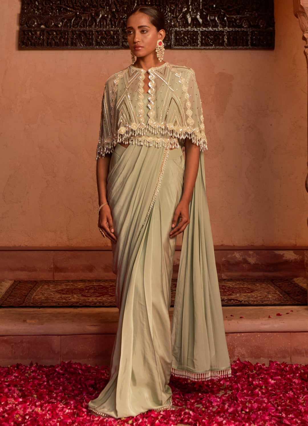 Olive Green Embellished Pre-Draped Silk Saree Set With Cape Nidhika Shekhar - Fabilicious Fashion