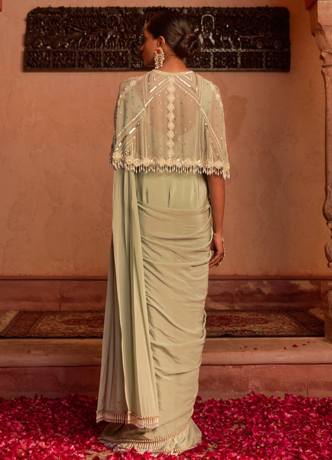 Olive Green Embellished Pre-Draped Silk Saree Set With Cape Nidhika Shekhar - Fabilicious Fashion
