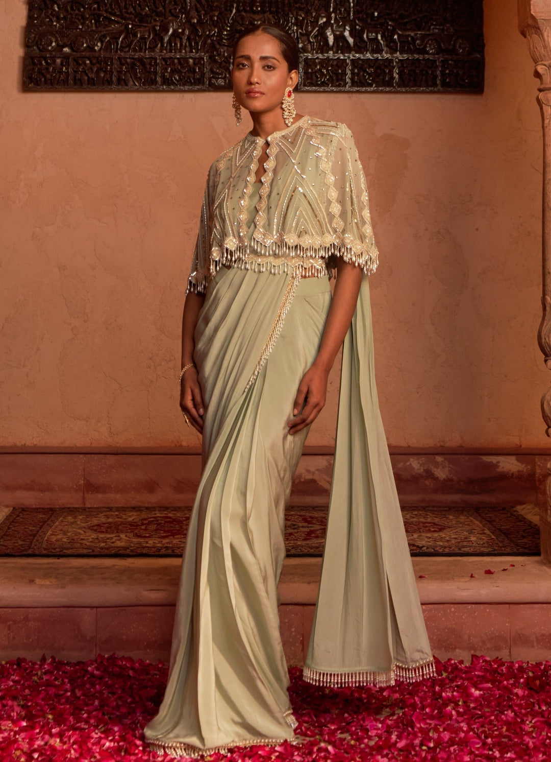Olive Green Embellished Pre-Draped Silk Saree Set With Cape Nidhika Shekhar - Fabilicious Fashion