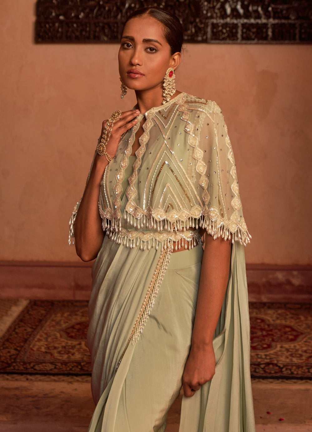 Olive Green Embellished Pre-Draped Silk Saree Set With Cape Nidhika Shekhar - Fabilicious Fashion