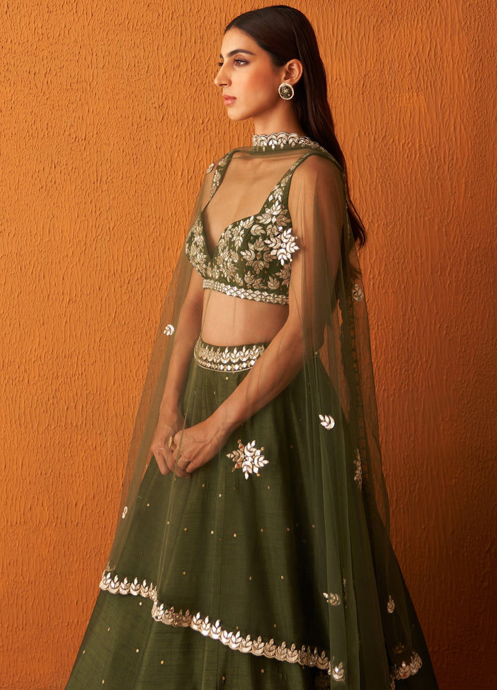 Olive Green Embellished Raw Silk Lehenga Set Angad Singh - Fabilicious Fashion