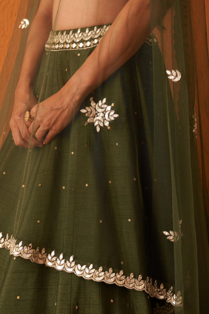 Olive Green Embellished Raw Silk Lehenga Set Angad Singh - Fabilicious Fashion