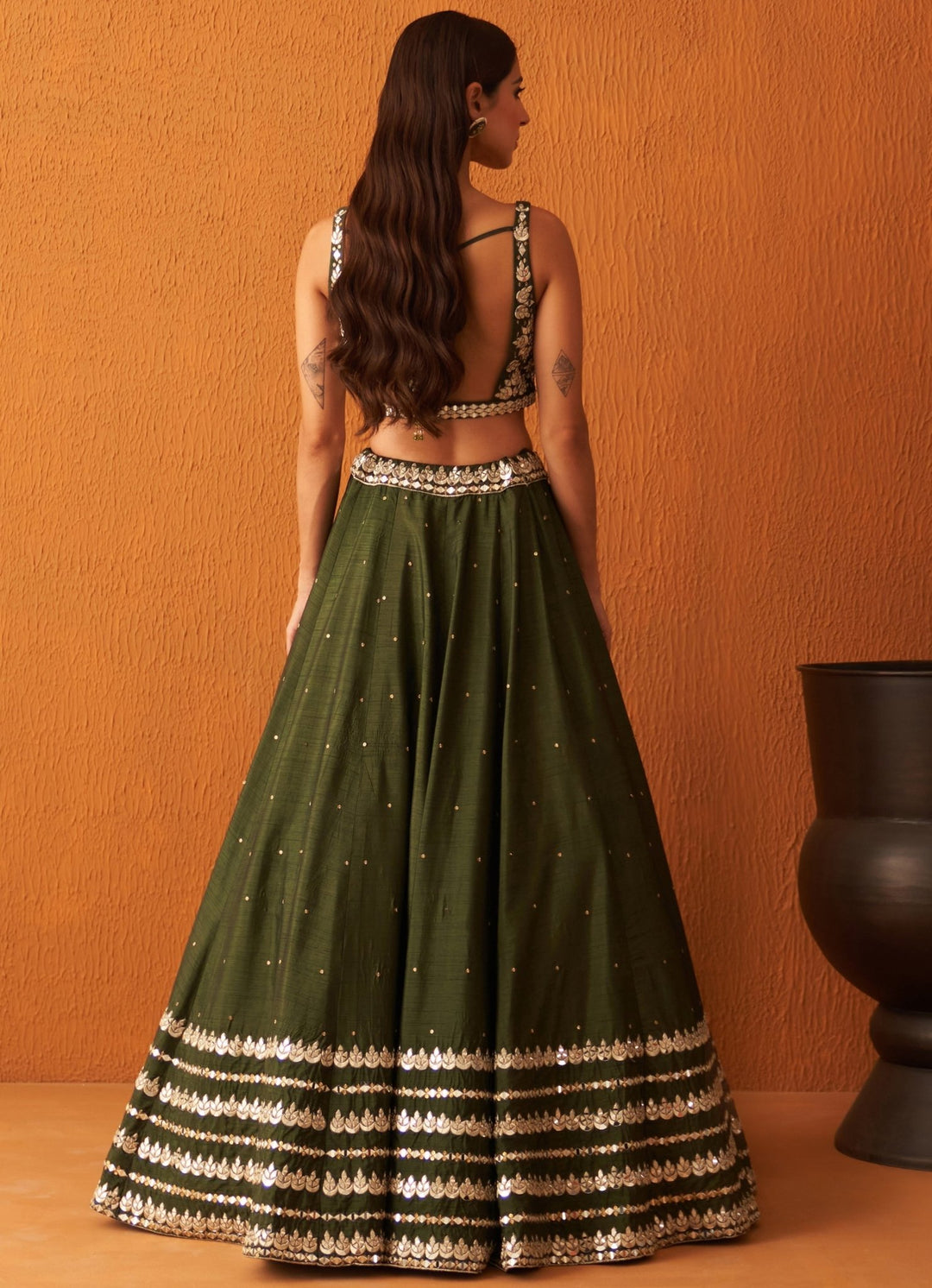 Olive Green Embellished Raw Silk Lehenga Set Angad Singh - Fabilicious Fashion