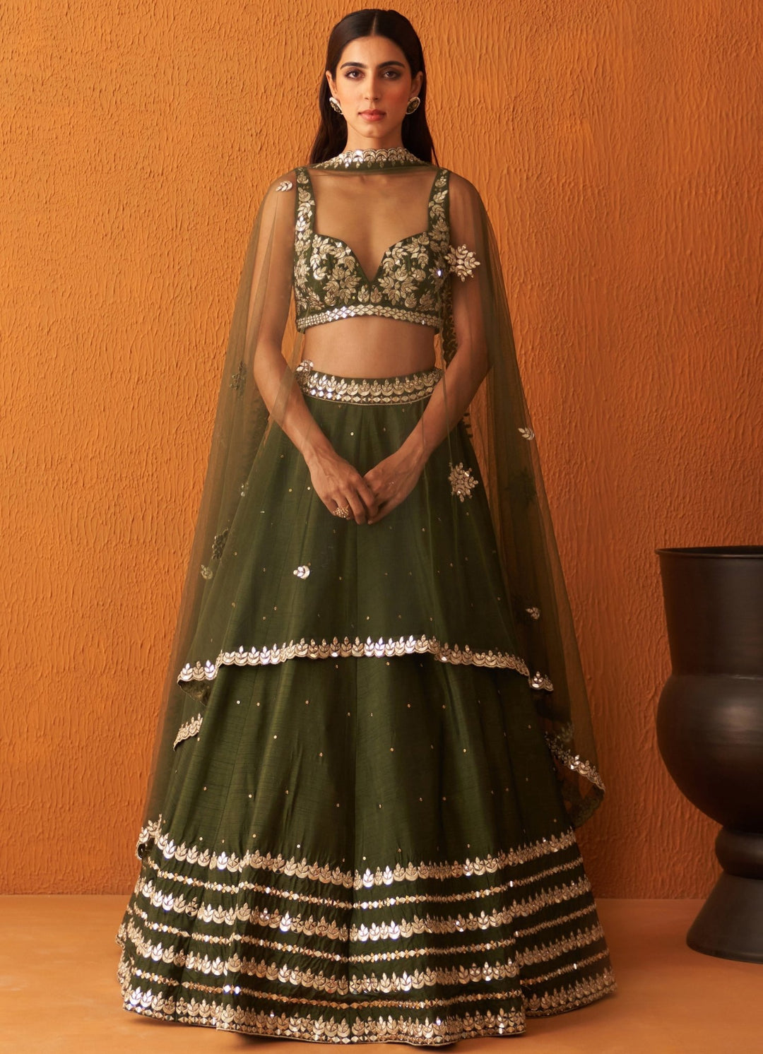Olive Green Embellished Raw Silk Lehenga Set Angad Singh - Fabilicious Fashion