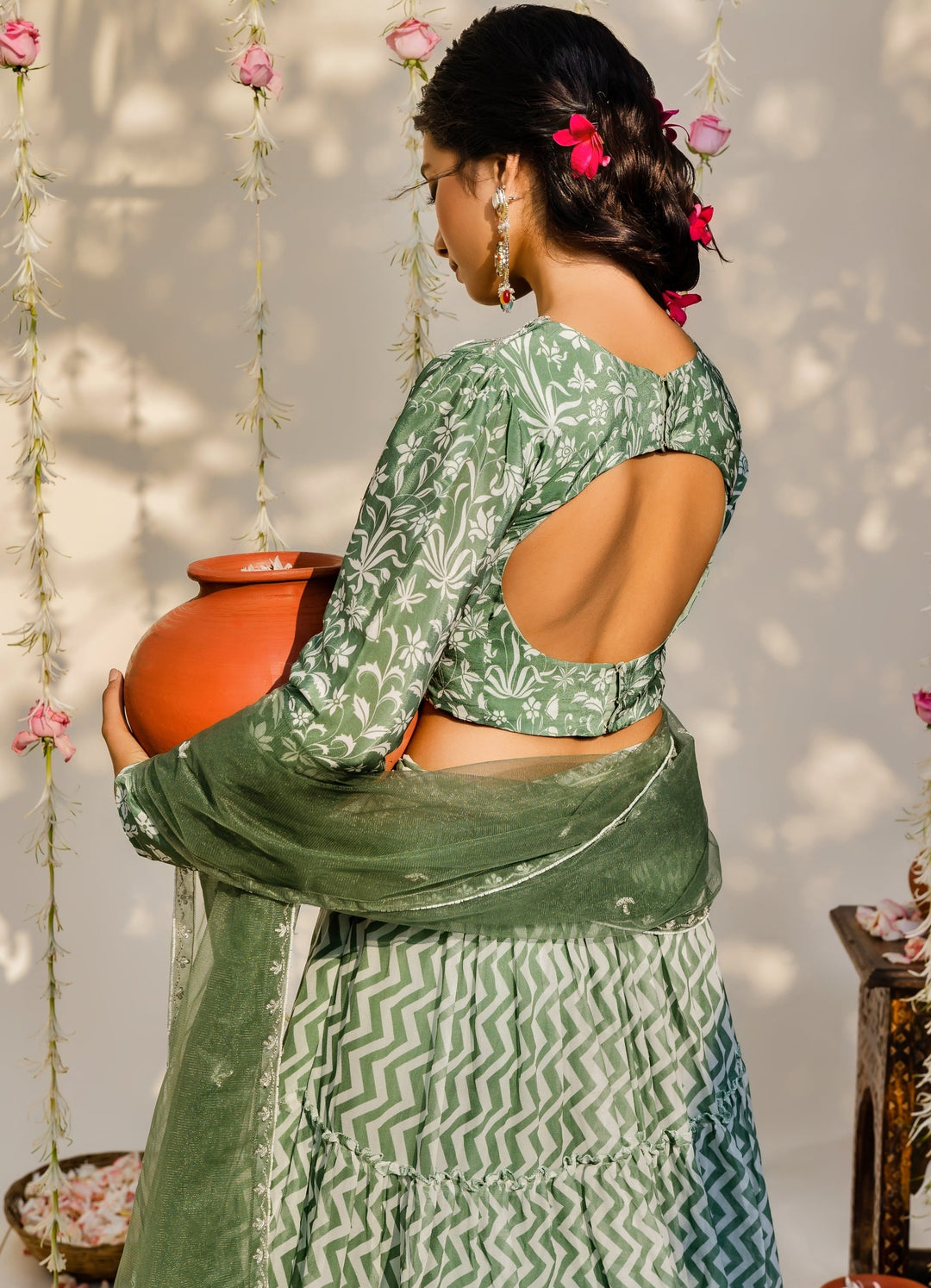 Olive Green Embellished Ruffled Lehenga Set With Net Dupatta Redpine - Fabilicious Fashion
