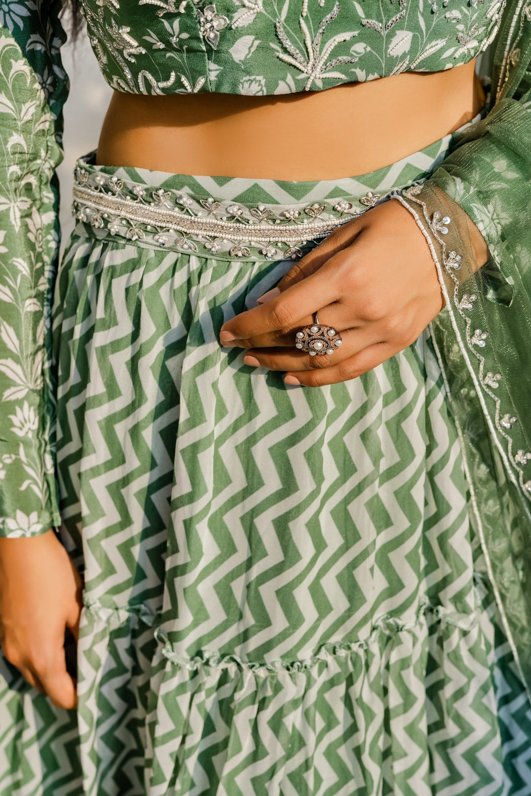 Olive Green Embellished Ruffled Lehenga Set With Net Dupatta Redpine - Fabilicious Fashion