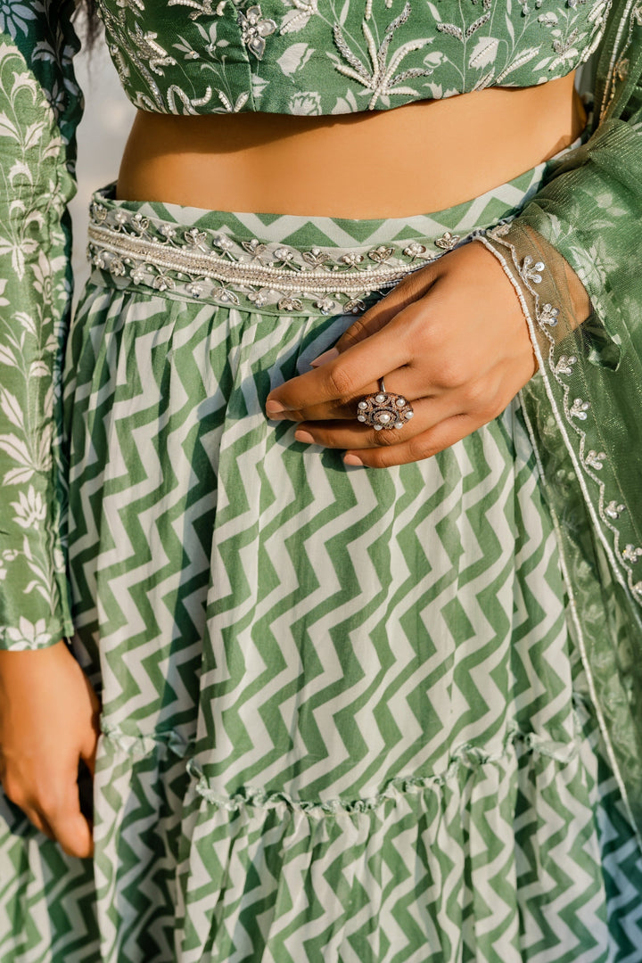 Olive Green Embellished Ruffled Lehenga Set With Net Dupatta Redpine - Fabilicious Fashion