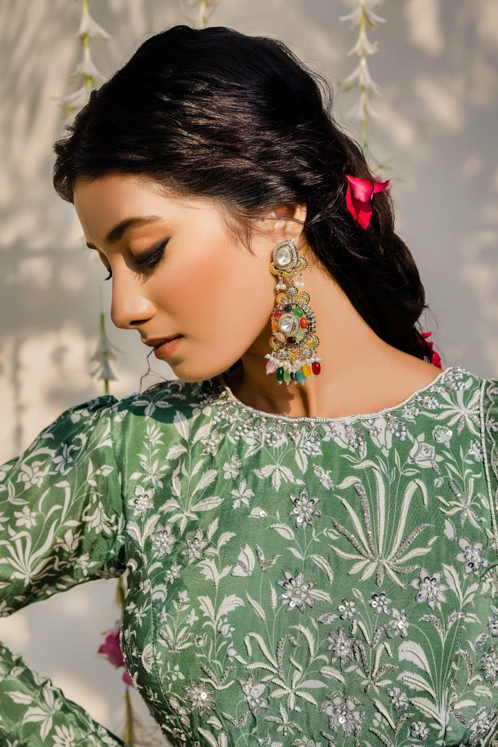 Olive Green Embellished Ruffled Lehenga Set With Net Dupatta Redpine - Fabilicious Fashion