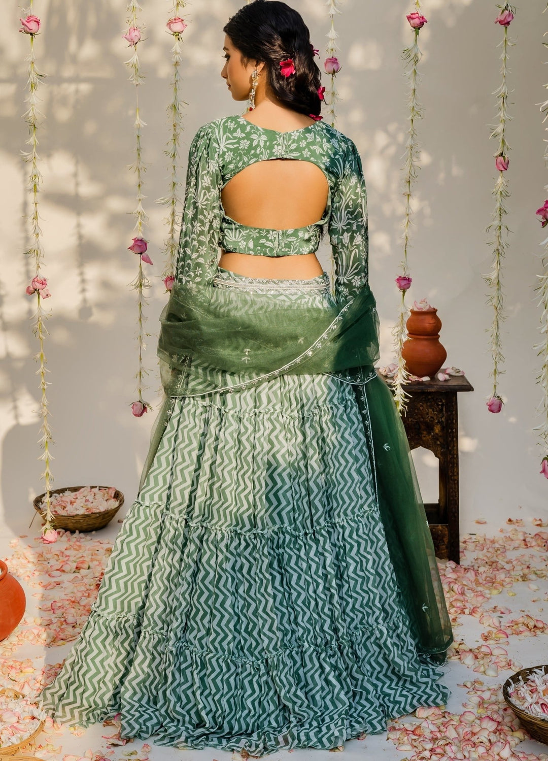 Olive Green Embellished Ruffled Lehenga Set With Net Dupatta Redpine - Fabilicious Fashion
