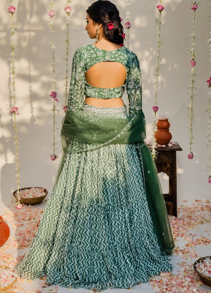 Olive Green Embellished Ruffled Lehenga Set With Net Dupatta Redpine - Fabilicious Fashion
