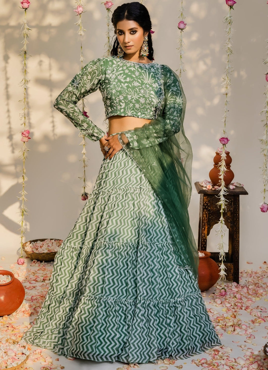 Olive Green Embellished Ruffled Lehenga Set With Net Dupatta Redpine - Fabilicious Fashion