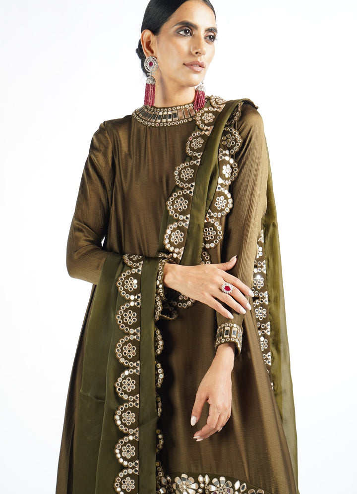 Olive Green Scallop Pant Kurta Set With Scallop Dupatta Vvani by Vani Vats - Fabilicious Fashion