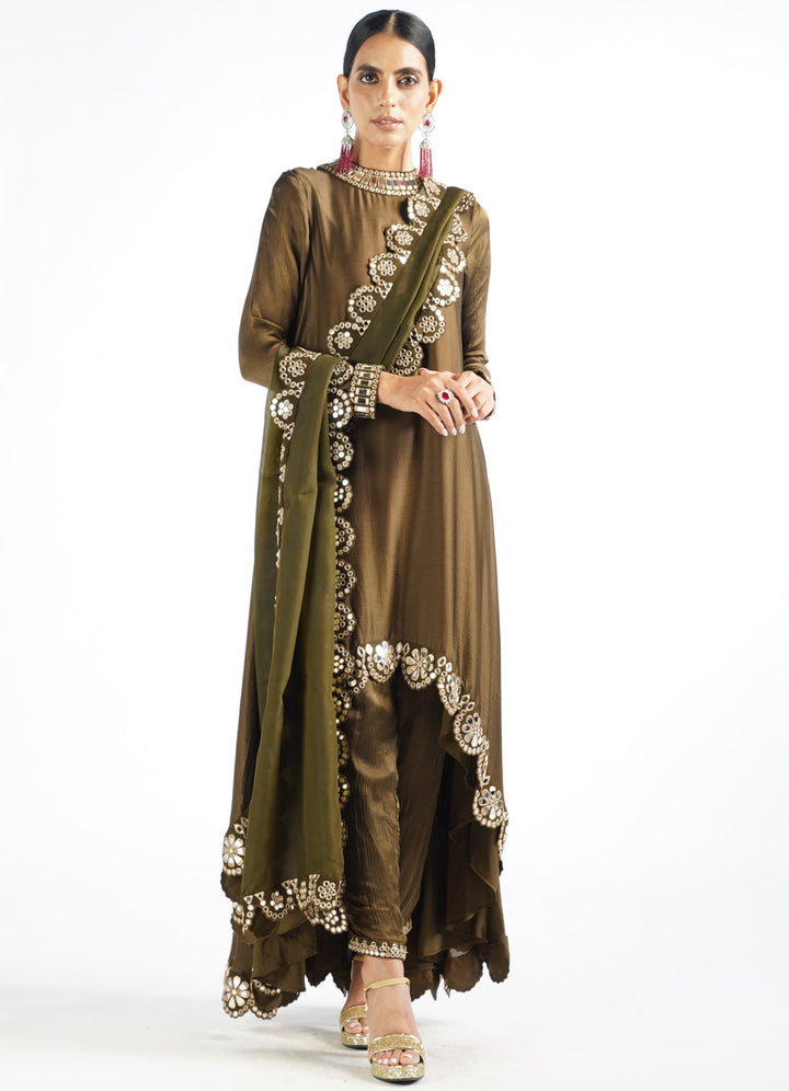 Olive Green Scallop Pant Kurta Set With Scallop Dupatta Vvani by Vani Vats - Fabilicious Fashion