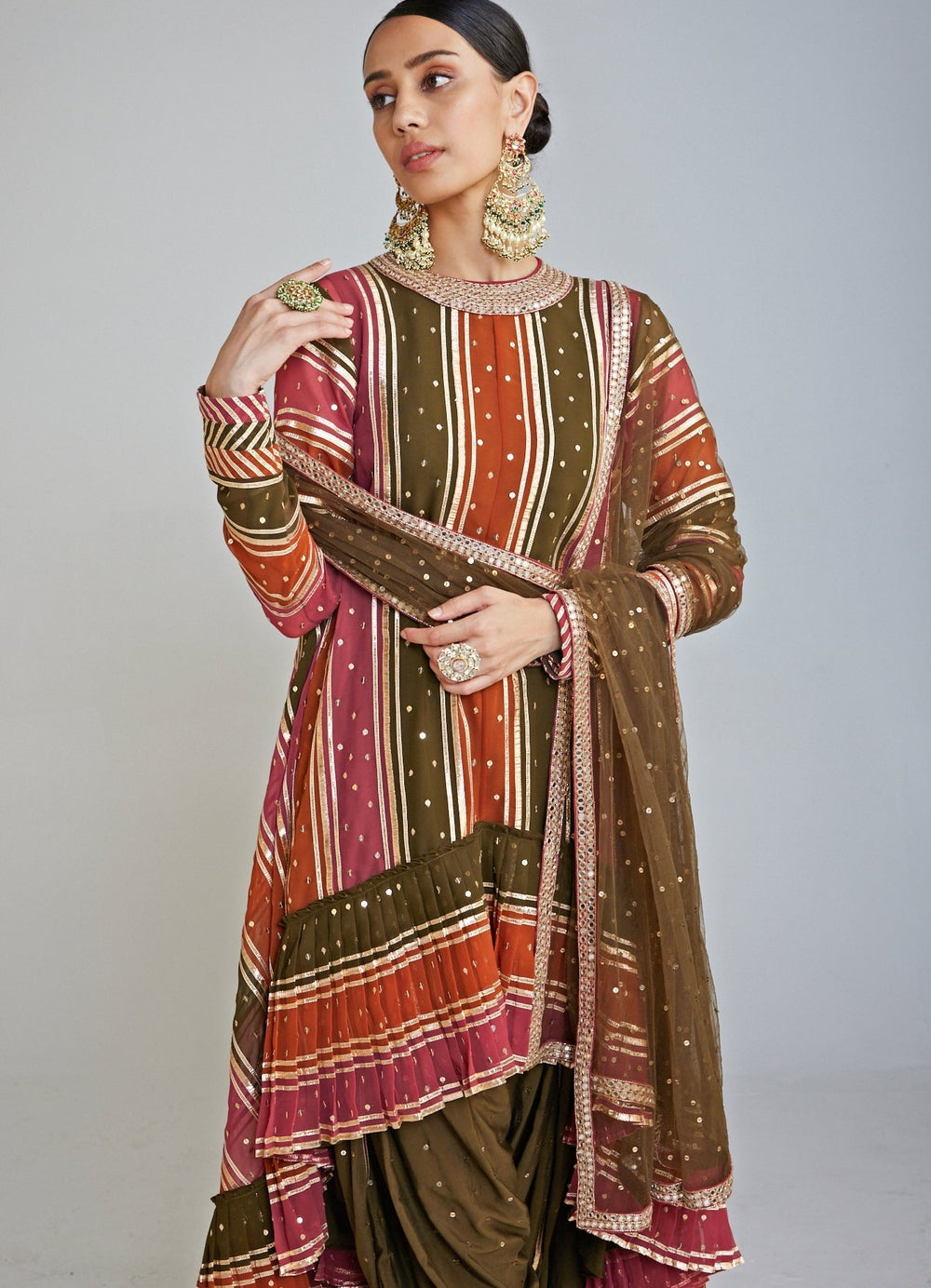 Olive Green Round Neck Asymmetrical Kurta Dhoti Set With Olive Green Dupatta Vvani By Vani Vats - Fabilicious Fashion