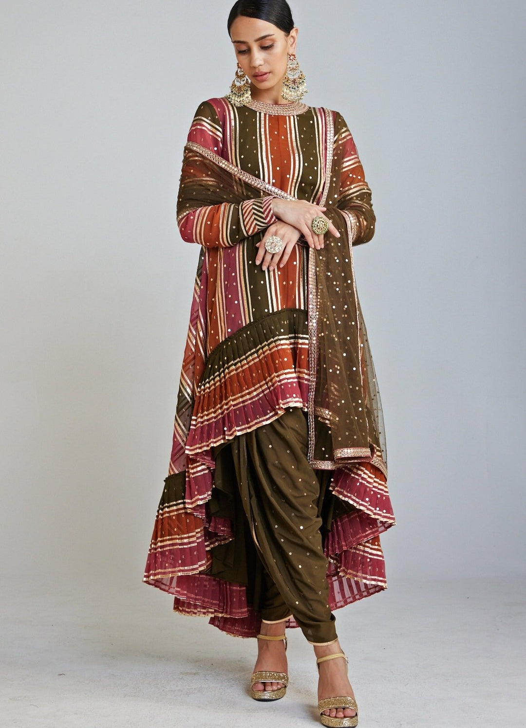 Olive Green Round Neck Asymmetrical Kurta Dhoti Set With Olive Green Dupatta Vvani By Vani Vats - Fabilicious Fashion