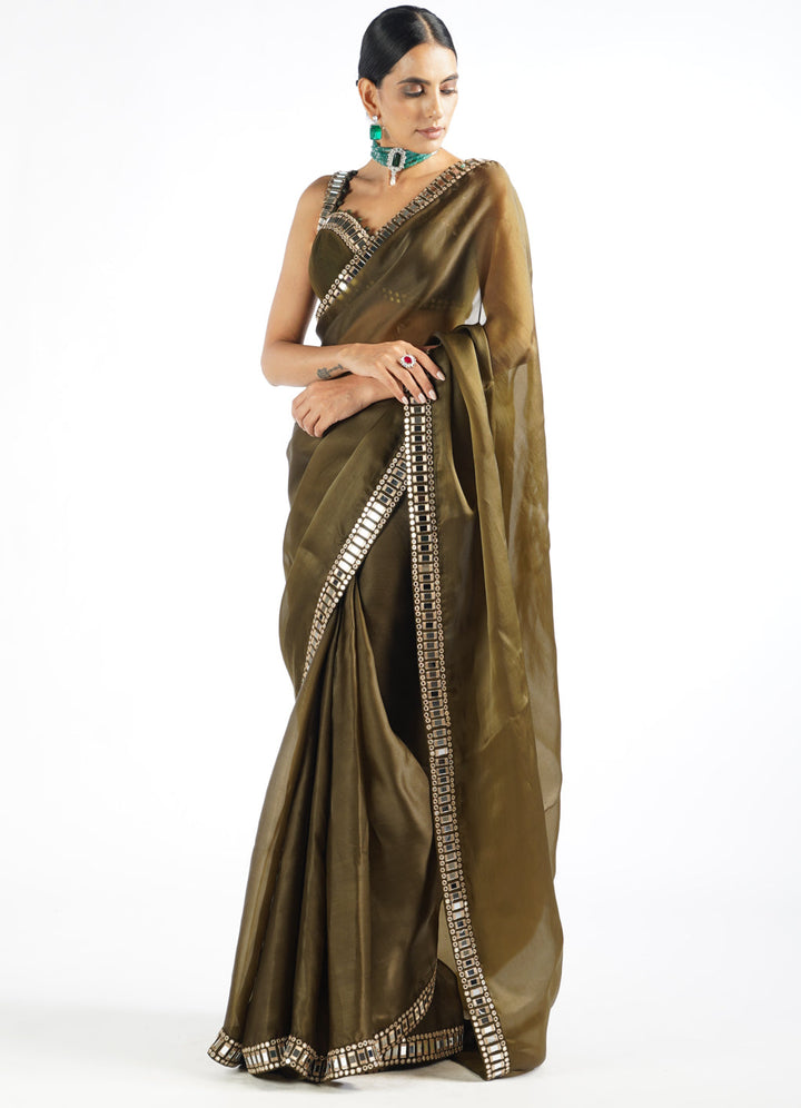 Olive Green Satin Organza Mirrorwork Saree With Sleeveless Blouse Vvani by Vani Vats - Fabilicious Fashion