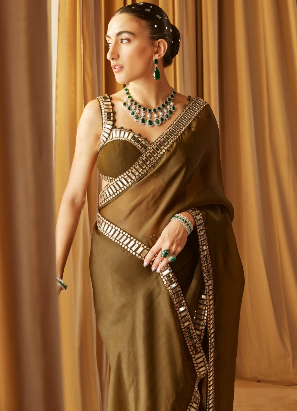 Olive Green Satin Organza Mirrorwork Saree With Sleeveless Blouse Vvani by Vani Vats - Fabilicious Fashion