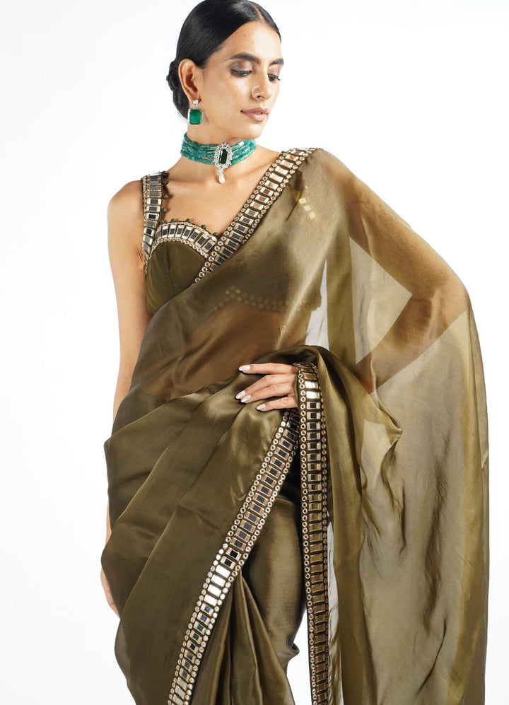 Olive Green Satin Organza Mirrorwork Saree With Sleeveless Blouse Vvani by Vani Vats - Fabilicious Fashion