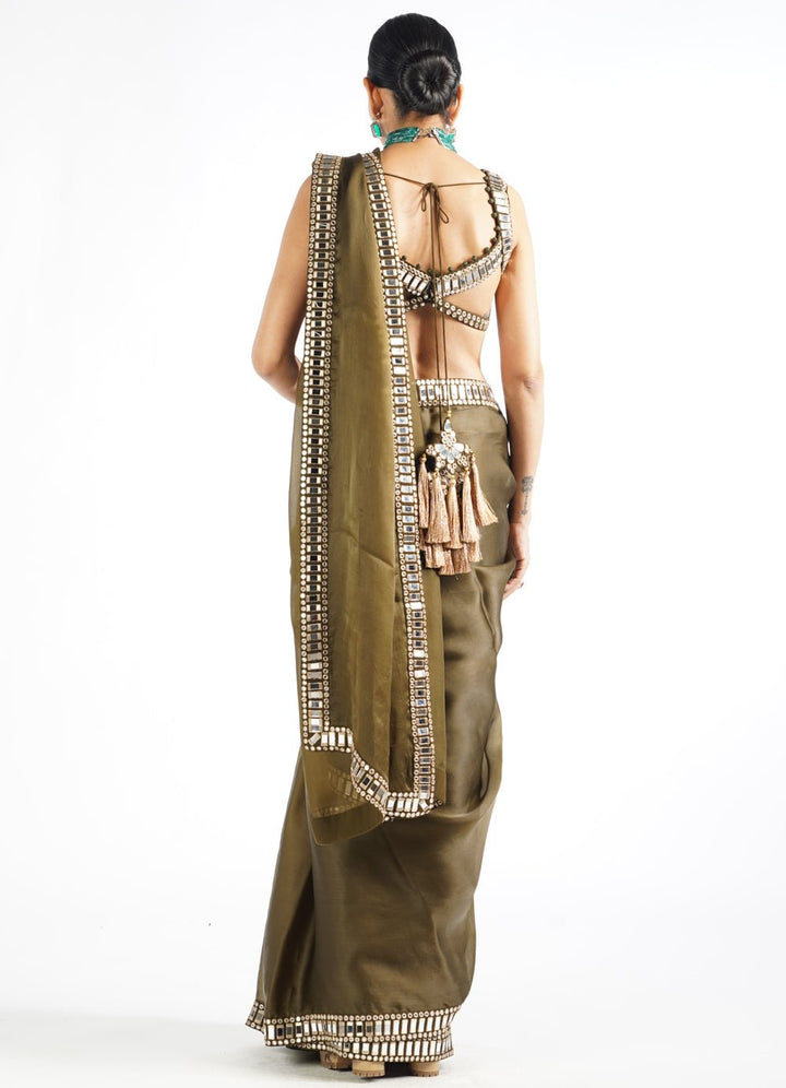 Olive Green Satin Organza Mirrorwork Saree With Sleeveless Blouse Vvani by Vani Vats - Fabilicious Fashion