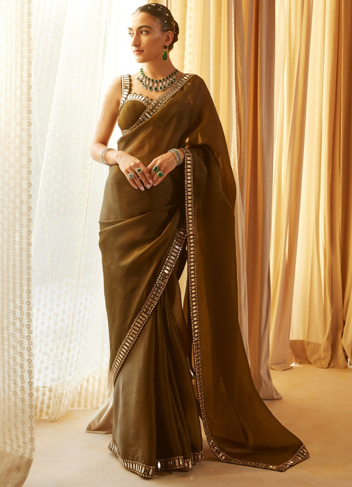 Olive Green Satin Organza Mirrorwork Saree With Sleeveless Blouse Vvani by Vani Vats - Fabilicious Fashion