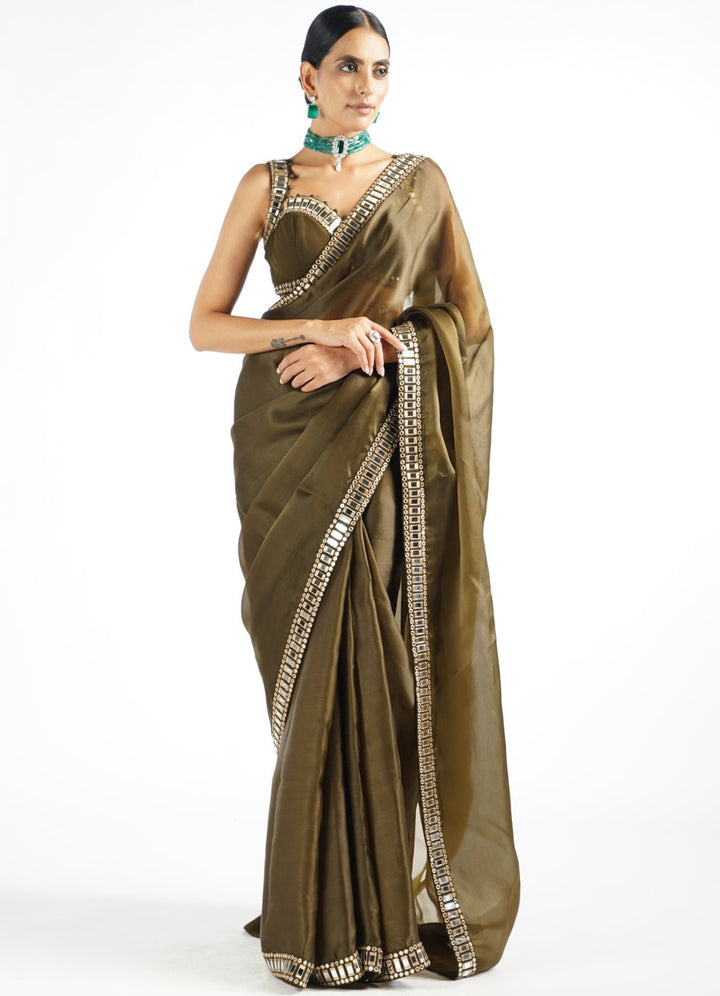 Olive Green Satin Organza Mirrorwork Saree With Sleeveless Blouse Vvani by Vani Vats - Fabilicious Fashion