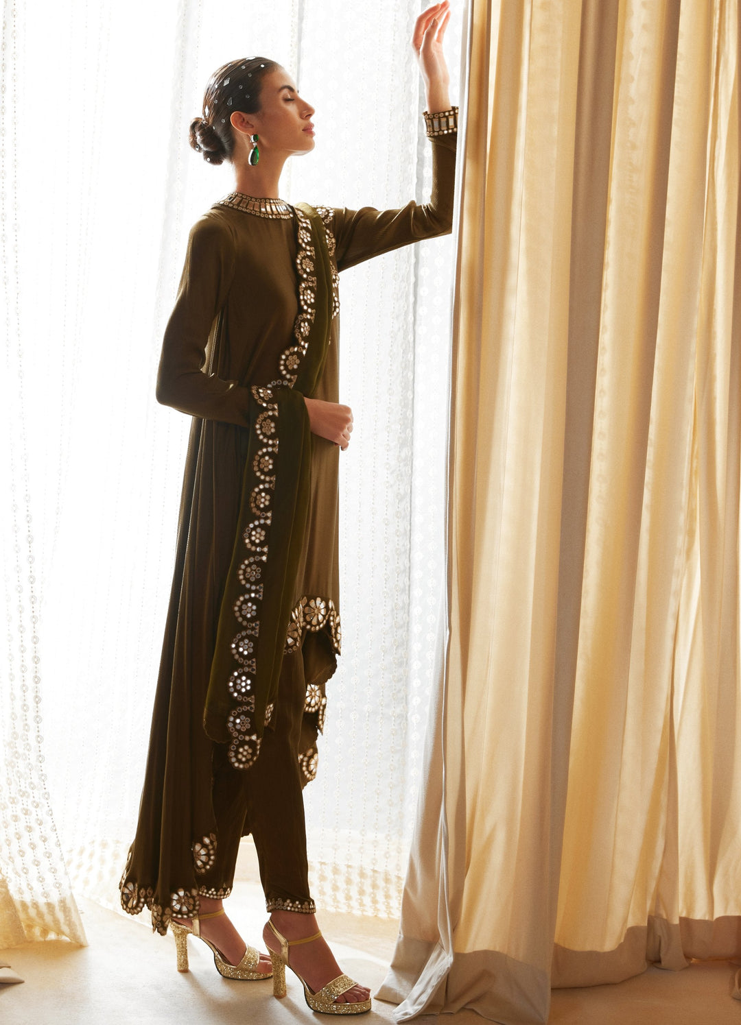 Olive Green Scallop Pant Kurta Set With Scallop Dupatta Vvani by Vani Vats - Fabilicious Fashion