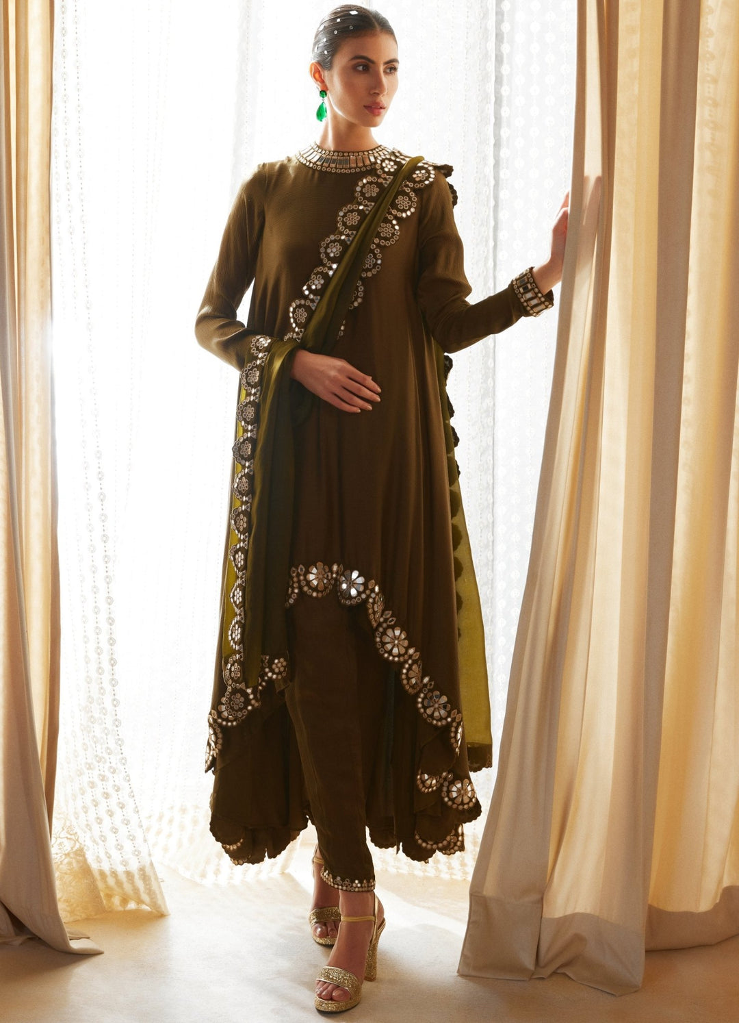 Olive Green Scallop Pant Kurta Set With Scallop Dupatta Vvani by Vani Vats - Fabilicious Fashion