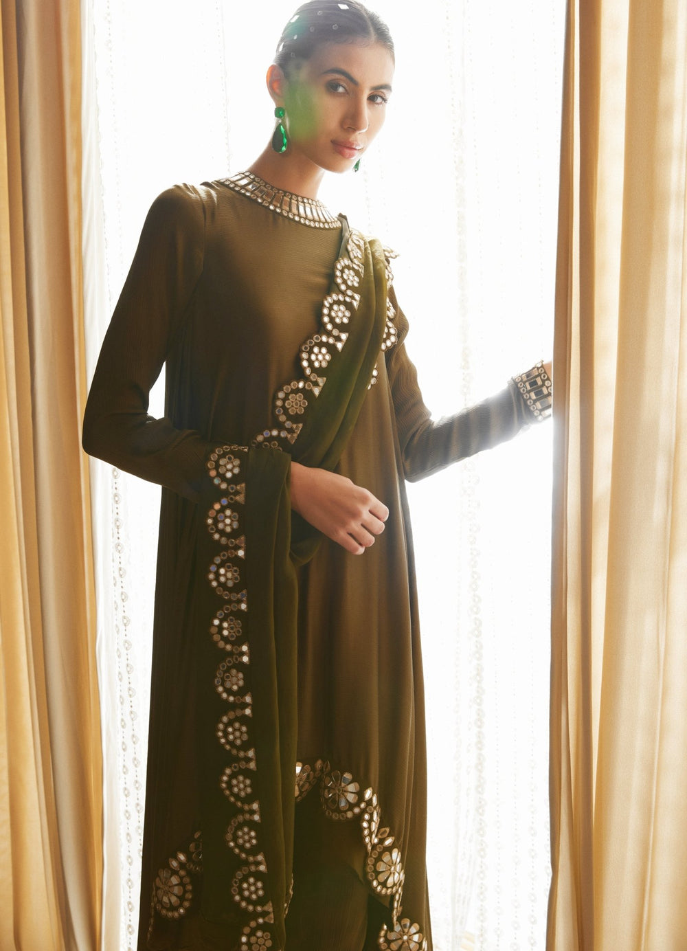 Olive Green Scallop Pant Kurta Set With Scallop Dupatta Vvani by Vani Vats - Fabilicious Fashion
