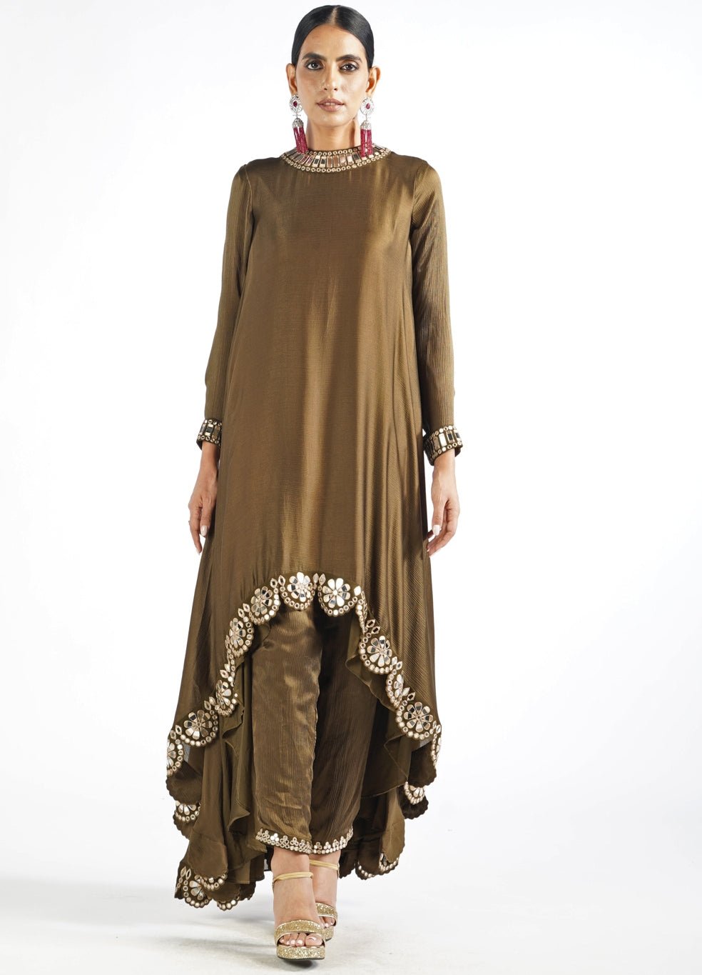 Olive Green Scallop Pant Kurta Set Vvani by Vani Vats - Fabilicious Fashion