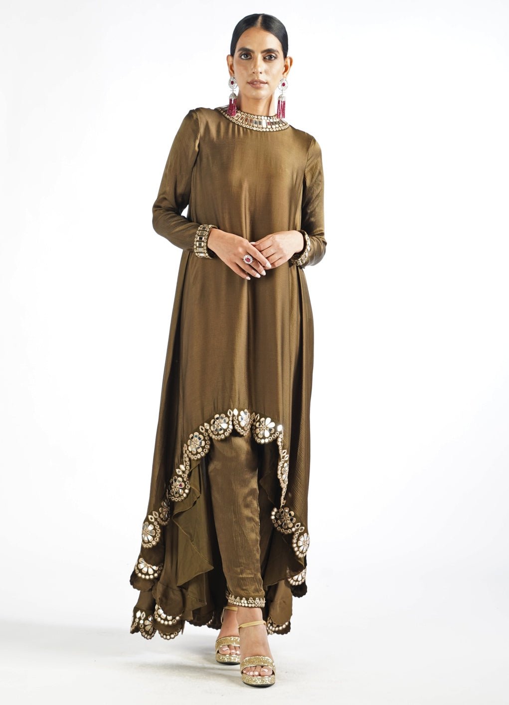 Olive Green Scallop Pant Kurta Set Vvani by Vani Vats - Fabilicious Fashion