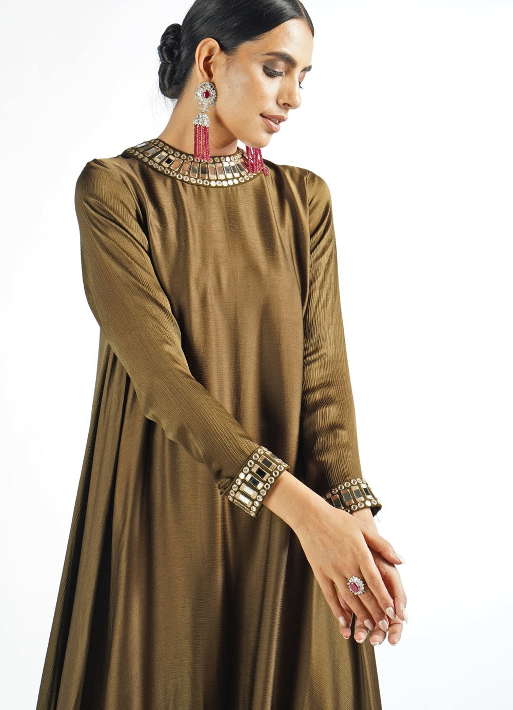 Olive Green Scallop Pant Kurta Set Vvani by Vani Vats - Fabilicious Fashion