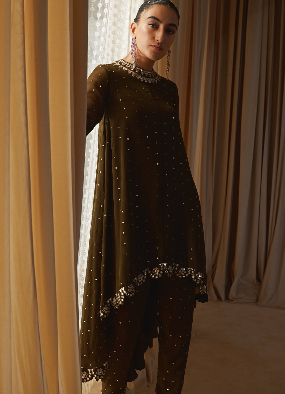Olive Green Shimmer Pant Kurta Set Vvani by Vani Vats - Fabilicious Fashion