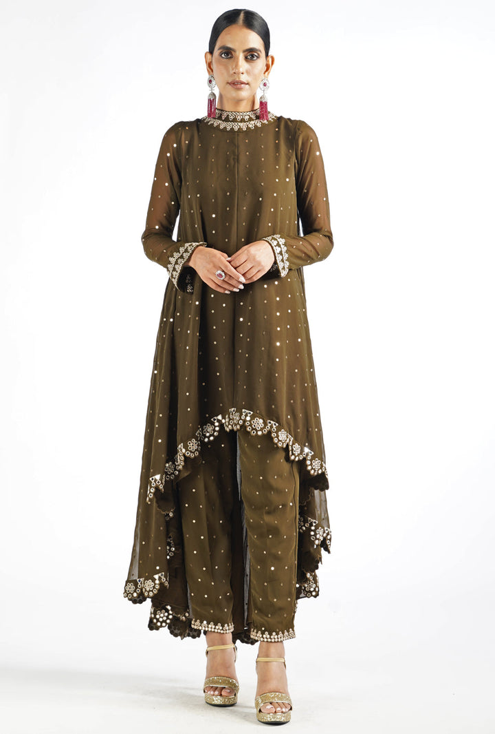 Olive Green Shimmer Pant Kurta Set Vvani by Vani Vats - Fabilicious Fashion