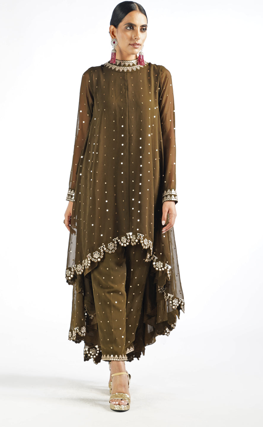 Olive Green Shimmer Pant Kurta Set Vvani by Vani Vats - Fabilicious Fashion