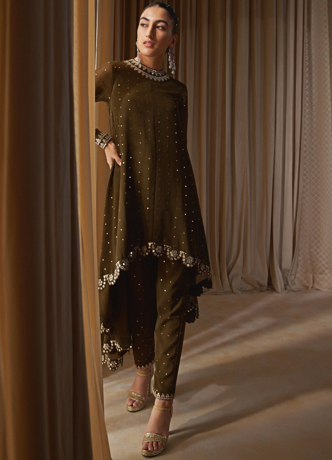 Olive Green Shimmer Pant Kurta Set Vvani by Vani Vats - Fabilicious Fashion