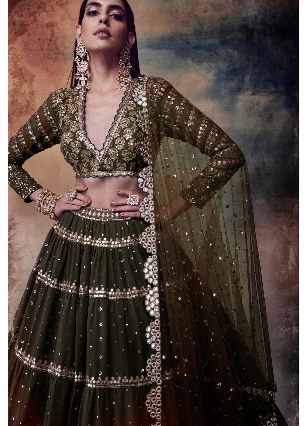 Olive Green Tier Lehenga Set Vvani by Vani Vats - Fabilicious Fashion