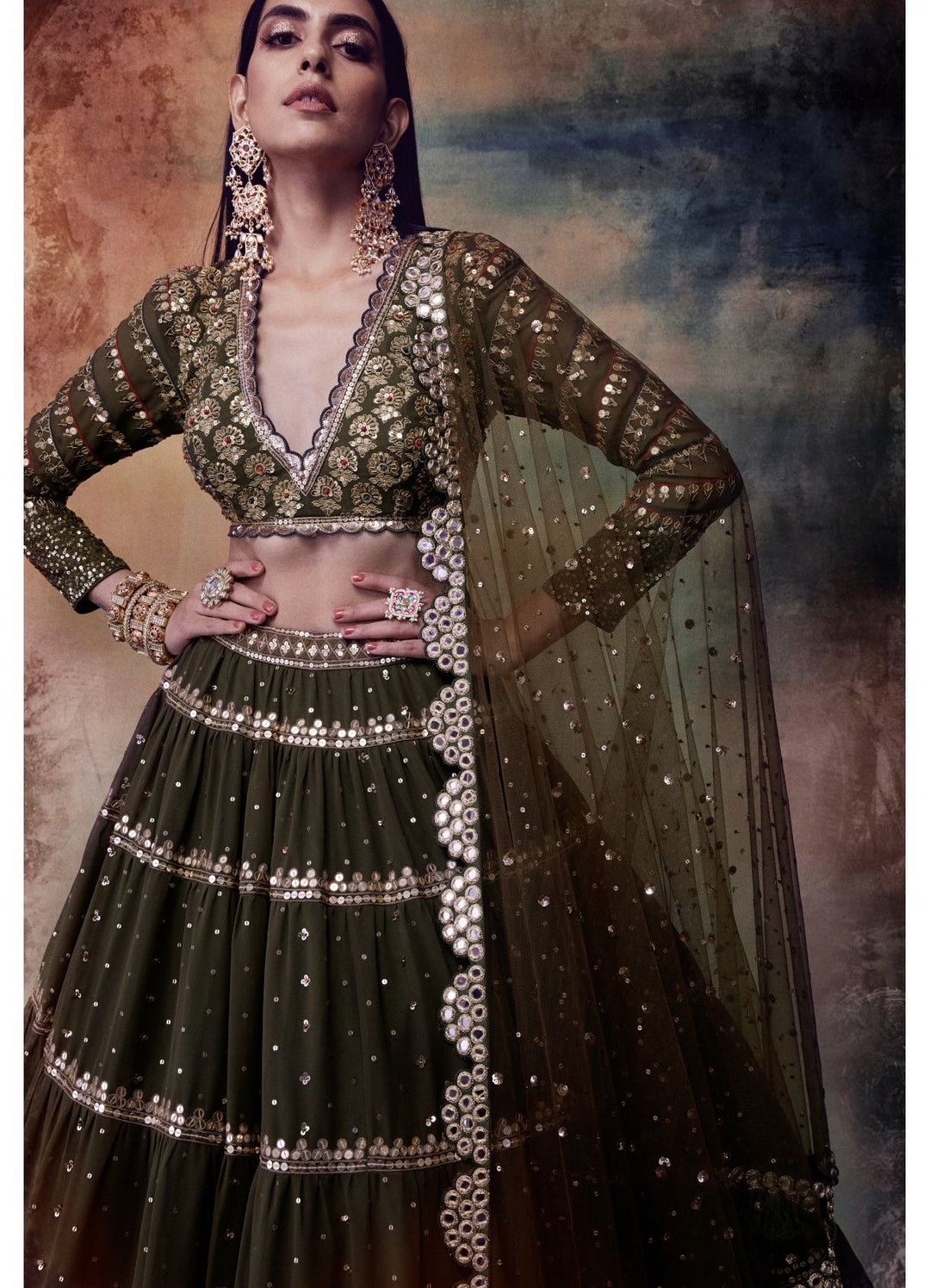 Olive Green Tier Lehenga Set Vvani by Vani Vats - Fabilicious Fashion