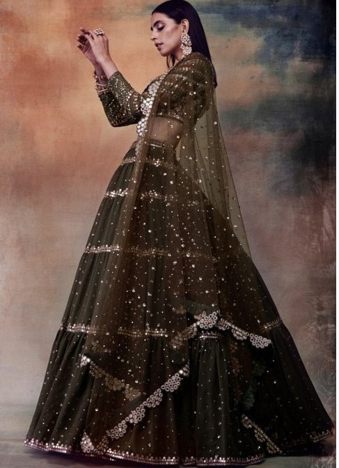 Olive Green Tier Lehenga Set Vvani by Vani Vats - Fabilicious Fashion