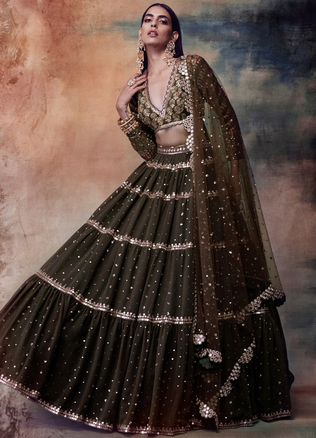 Olive Green Tier Lehenga Set Vvani by Vani Vats - Fabilicious Fashion
